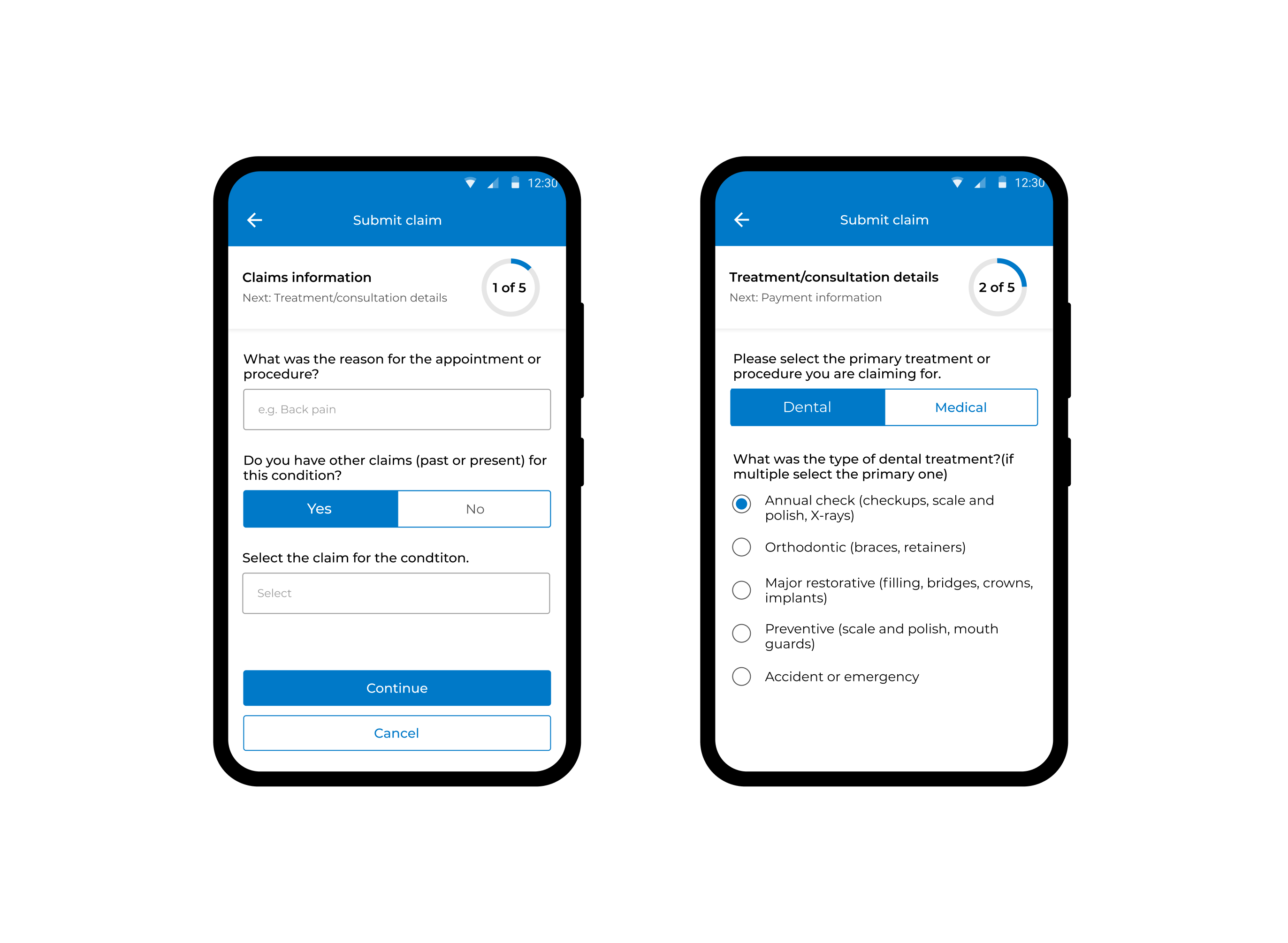 Redesigned claims flow showing circular step progress indicators labelled 1 of 5 and 2 of 5, segmented controls for Dental versus Medical treatment type, and radio button lists for treatment selection