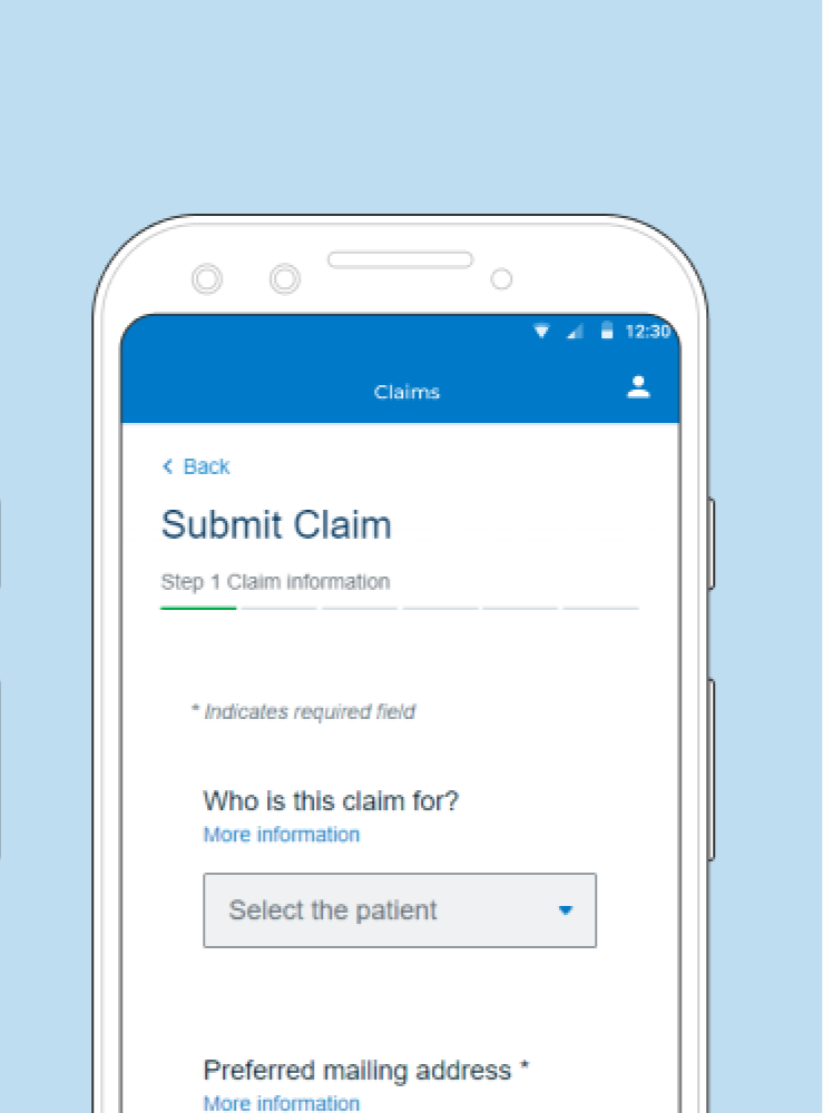 Original claims flow showing a web-adapted form with a generic Select the patient dropdown, a thin horizontal progress bar, and a long scrolling layout