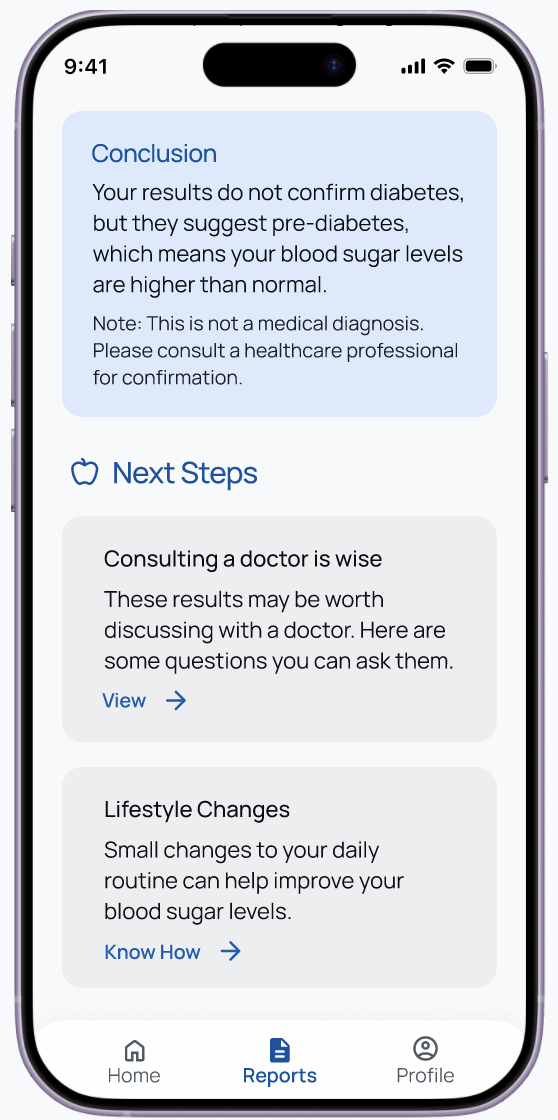 Conclusion screen showing a reassuring summary with a medical disclaimer, followed by a Next Steps section with Consult a Doctor and Lifestyle Changes cards