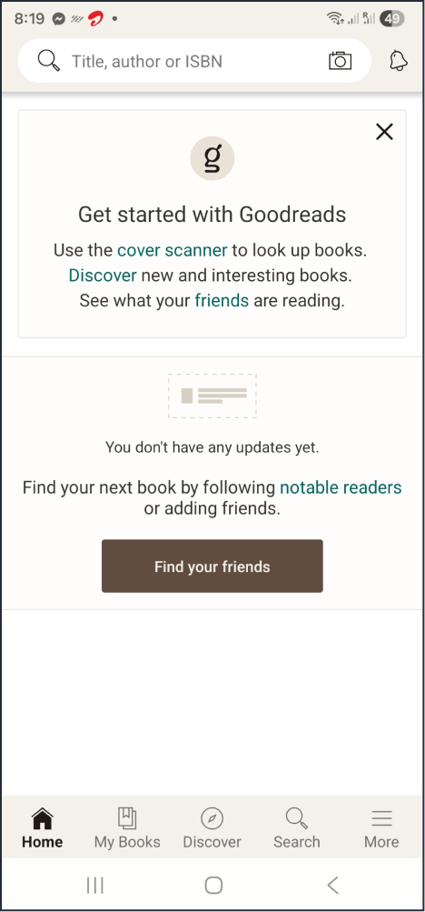 Current Goodreads homepage showing an empty state with a Get started modal and a prominent Find your friends call to action