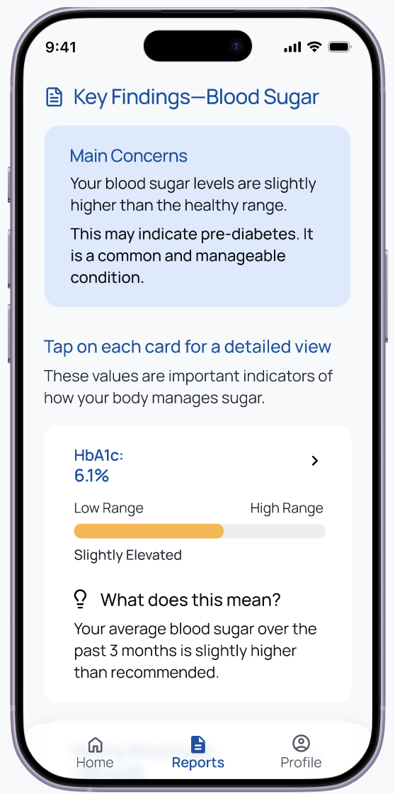 Key Findings screen for a blood sugar report showing a plain-language summary, a Main Concerns section, and a value card for HbA1c at 6.1 percent with a Low to High status bar