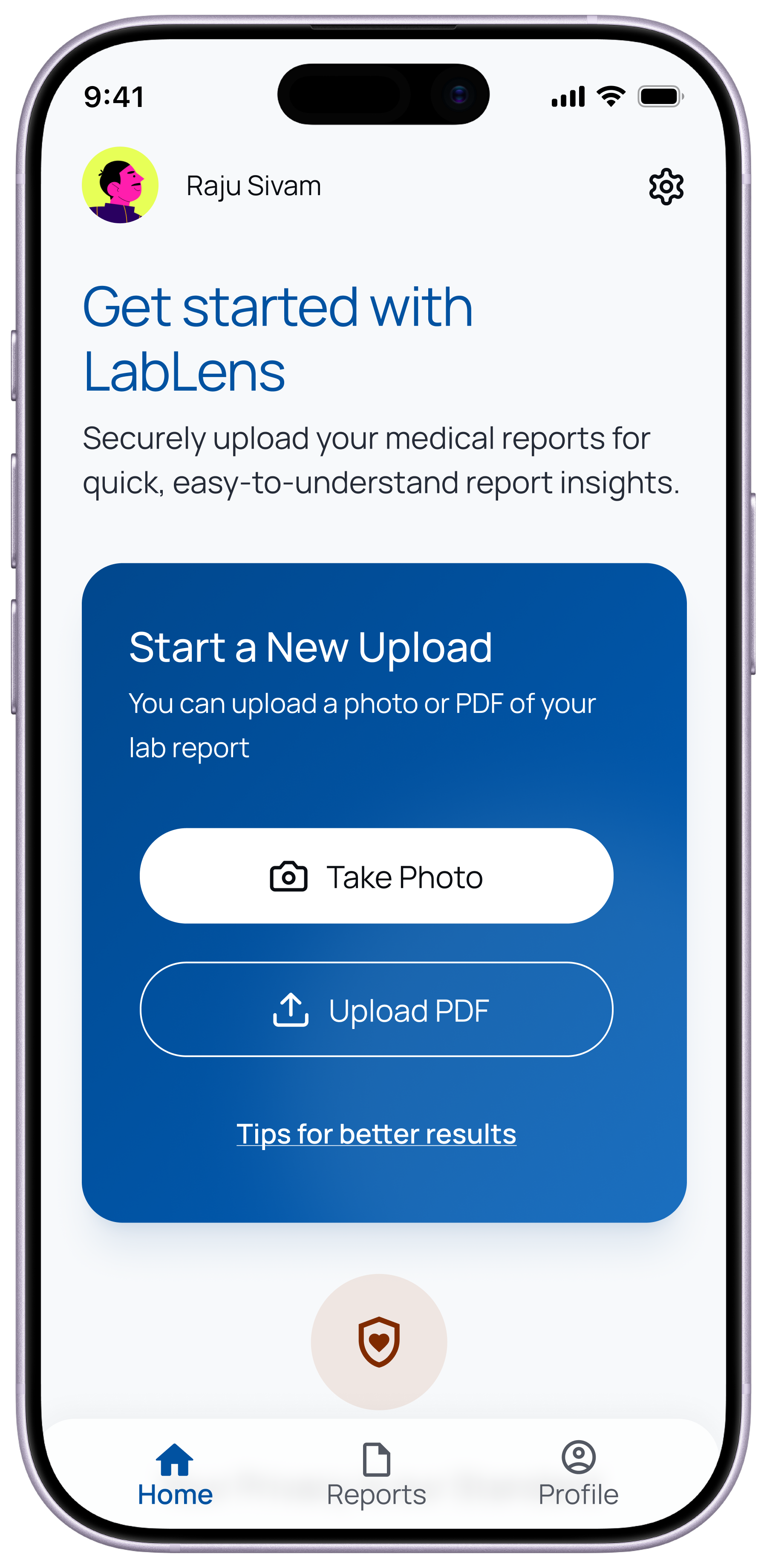 LabLens home screen showing a Start a New Scan card with Take Photo and Upload File options, a privacy assurance message, and a bottom navigation bar with Home, Reports, and Profile tabs