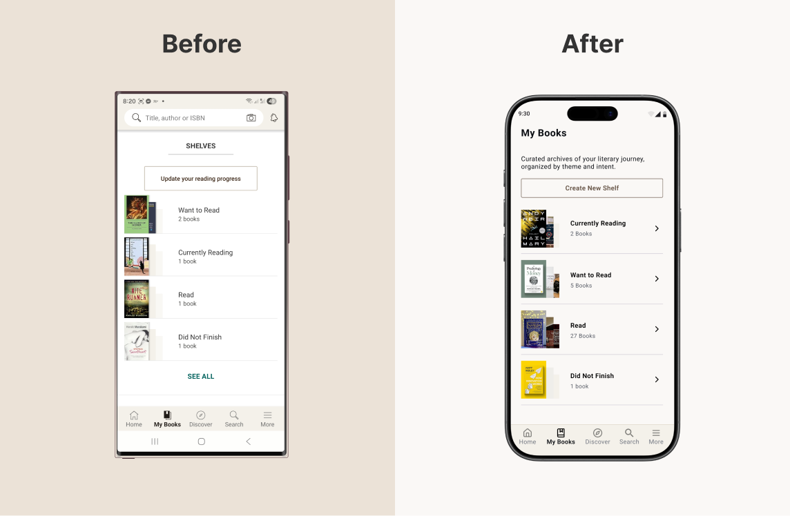 Before and after comparison of the My Books tab — a flat text list on the left versus rich shelf cards with book cover collages and book counts on the right
