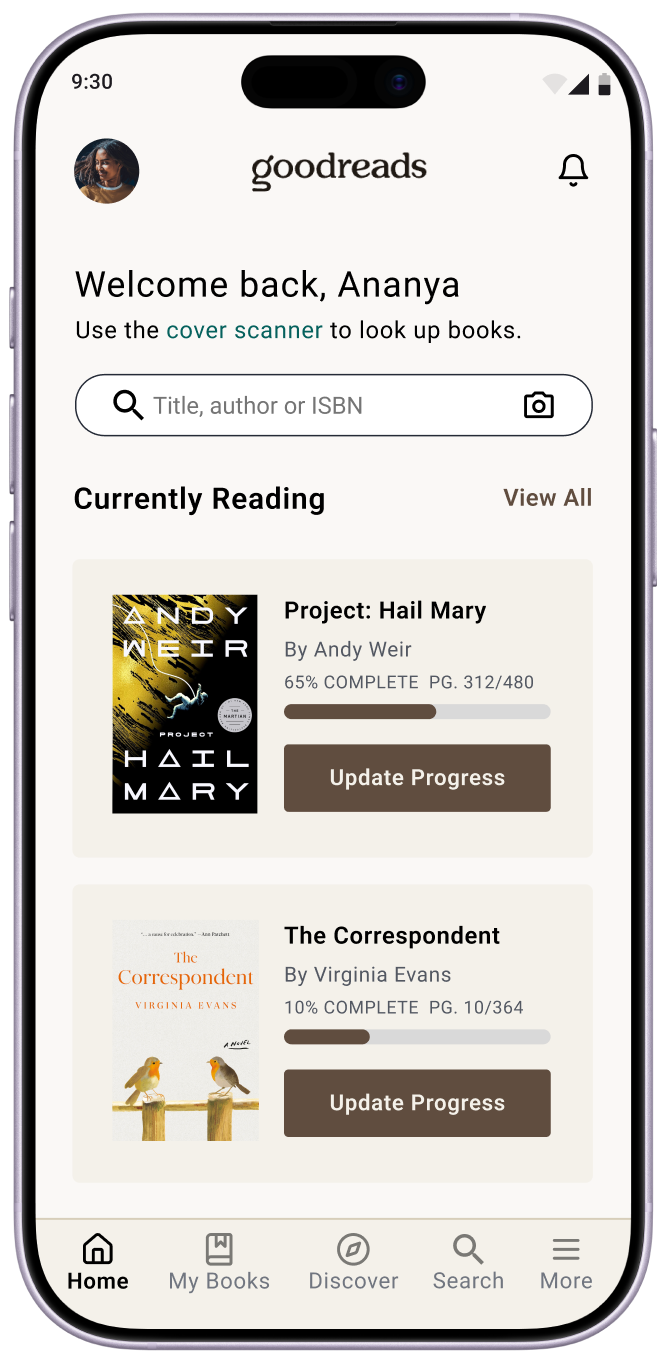 Redesigned Goodreads homepage showing a personalised welcome, currently reading books with progress bars, and Update Progress calls to action