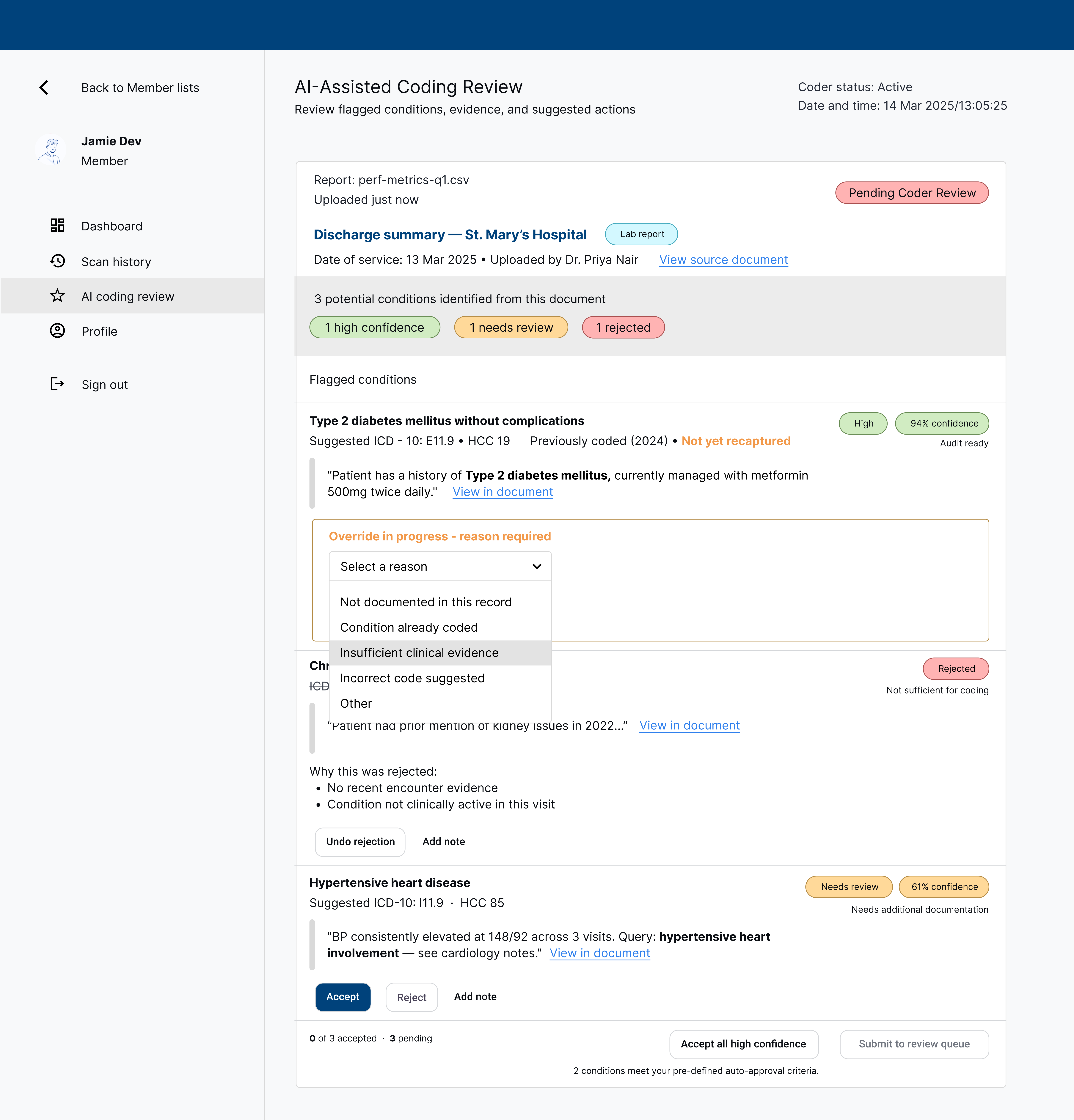 Coder override interface showing an inline reason dropdown expanded with options: not documented, condition already coded, insufficient clinical evidence, incorrect code suggested, and other